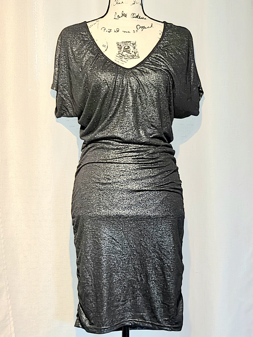 Express Metallic Shimmer Ruched Sheath Mini Dress V-Neck Cap Sleeve, Gray Silver